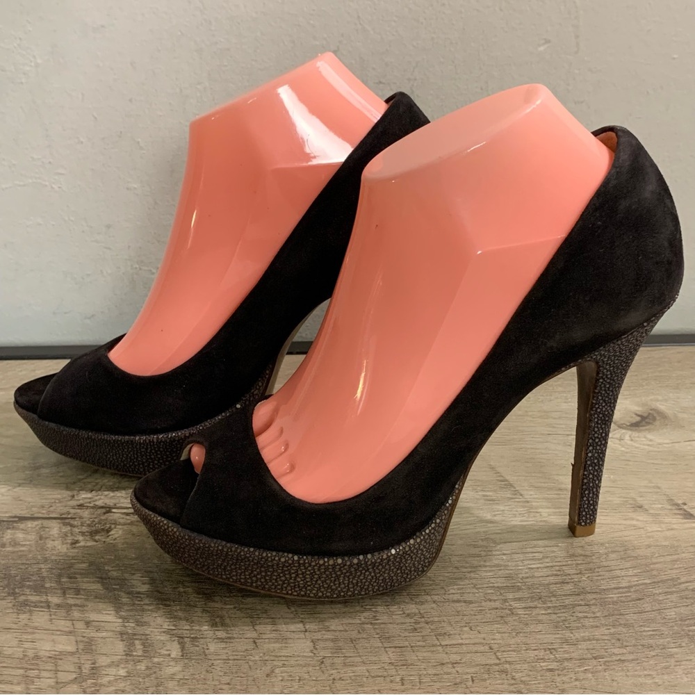 Women's ALEXANDRE BIRMAN Brown Suede STILETTO Leather PEEP Toe HEELS Pumps  9